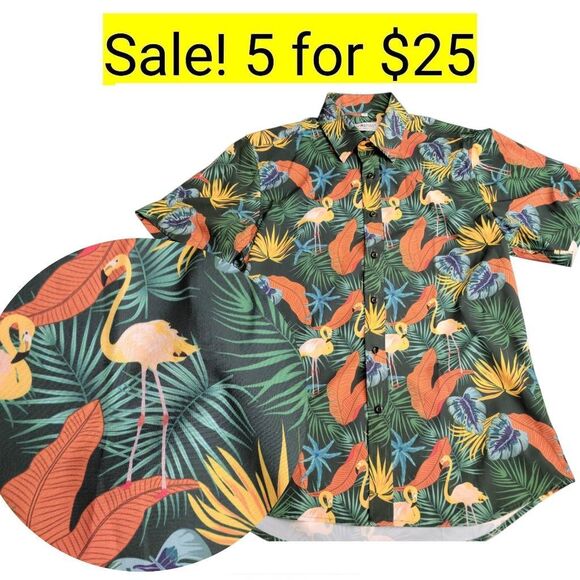 Hawaiian Flamingo Green Button Down Shirt on Sale 5 for $25 - Picture 6 of 6
